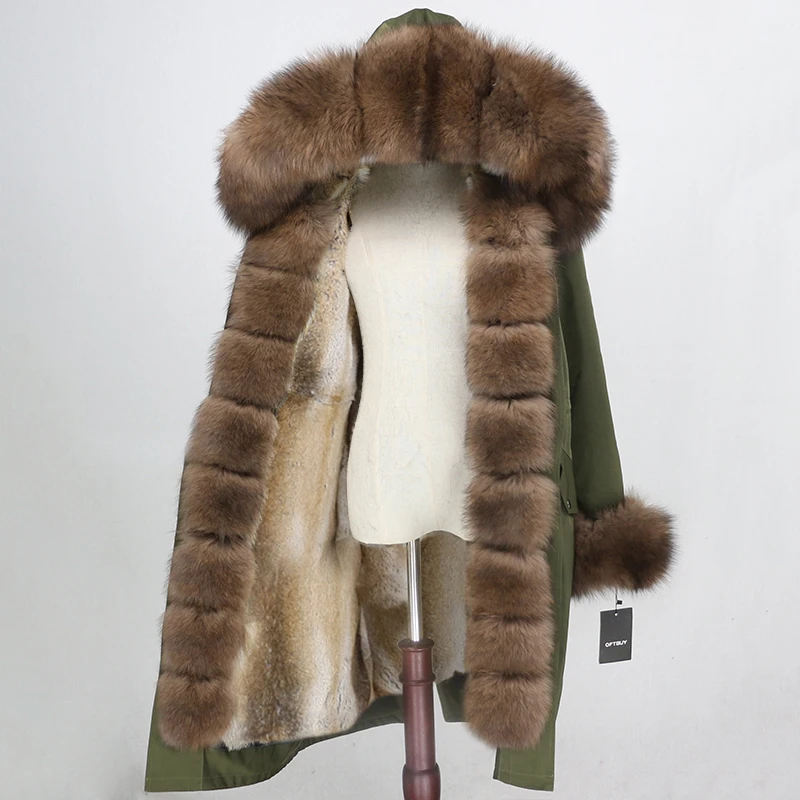green brown OFTBUY Водонепроницаемая парка X-long натуральное меховое пальто зимняя куртка женская натуральный Лисий мех воротник капюшон Подкладка из натурального кроличьего меха уличная одежда - Цвет: green brown