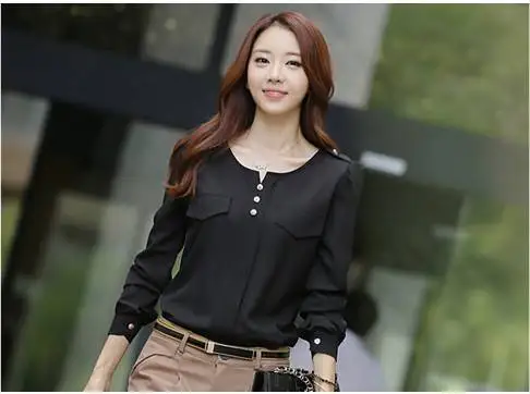 Free Shipping Wholesale Brief Pure Color Buttons Decorative Round Collar Long Sleeves OL Style Pleated Tops Blouse Green Black |