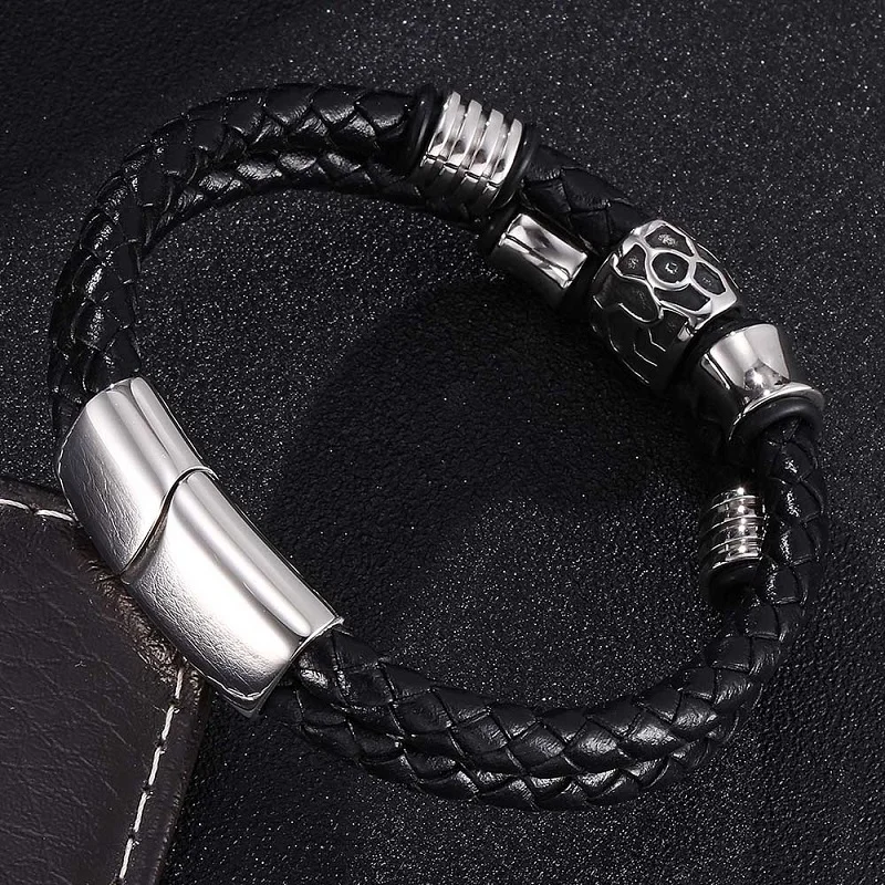 Модный черный кожаный браслет мужские ювелирные бусы из нержавеющей стали с