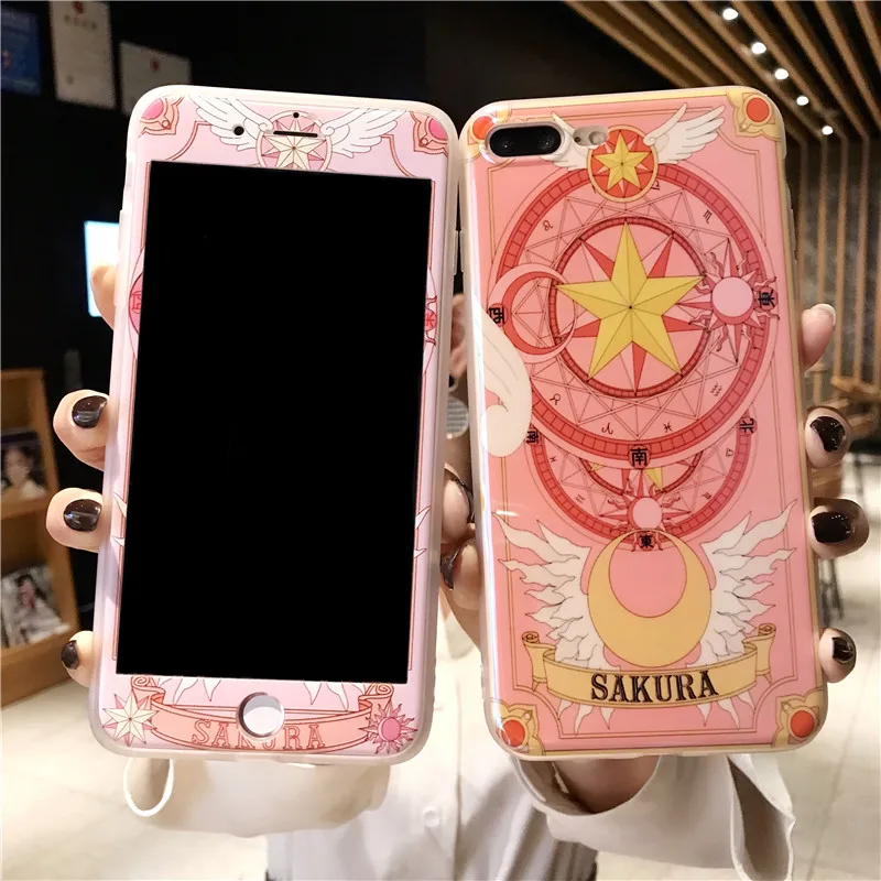 For iPhone 8 8plus Cardcaptor Sakura Case +Tempered Glass Screen film blue ray case for XS max XR X 6S 7 7plus Fudas |