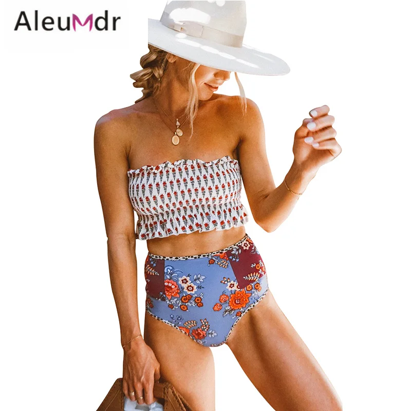 Aleumdr купальник из двух частей белый с высокой талией принтом бикини буфами