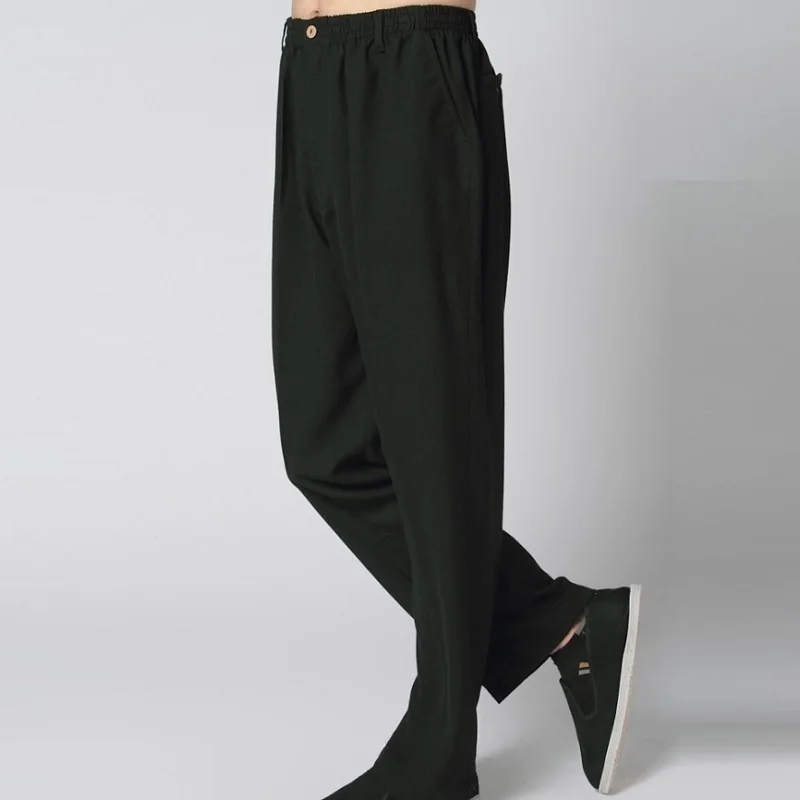 Мужские брюки в китайском стиле из хлопка и льна Длинные мужские кунг фу черного