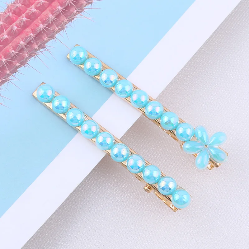 Flower-Blue 2pcs/set Pearl Flower Hair Clips Alligator Duckbill Long Hairpins Barrettes Candy Rainbow Color Hair Accessories for Women Girls - Цвет: Flower-Blue