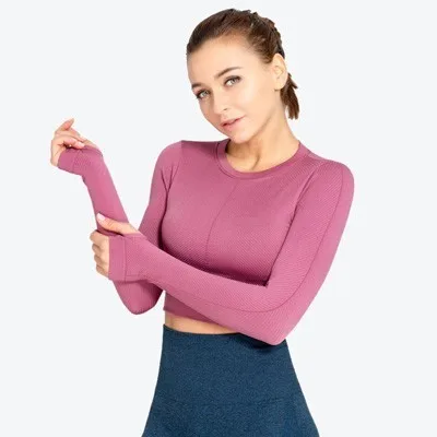 Pink Sport Top Спортивный топ с длинными рукавами для фитнеса, женская рубашка, топ для йоги, для спортзала, Быстросохнущий Спортивный укороченный топ для тренировок, рубашка для бега, спортивная одежда для женщин, для спортивного зала - Цвет: Pink Sport Top