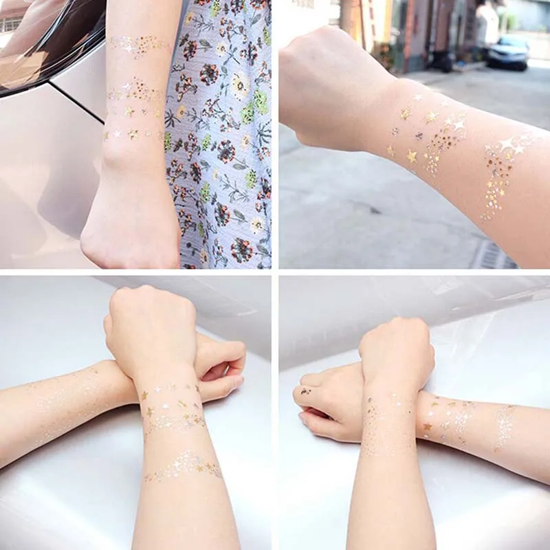 

1 PC Women Star Moon Design Tattoo Sticker Metallic Waterproof Temporary Gold Silver Tattoo 2Styles