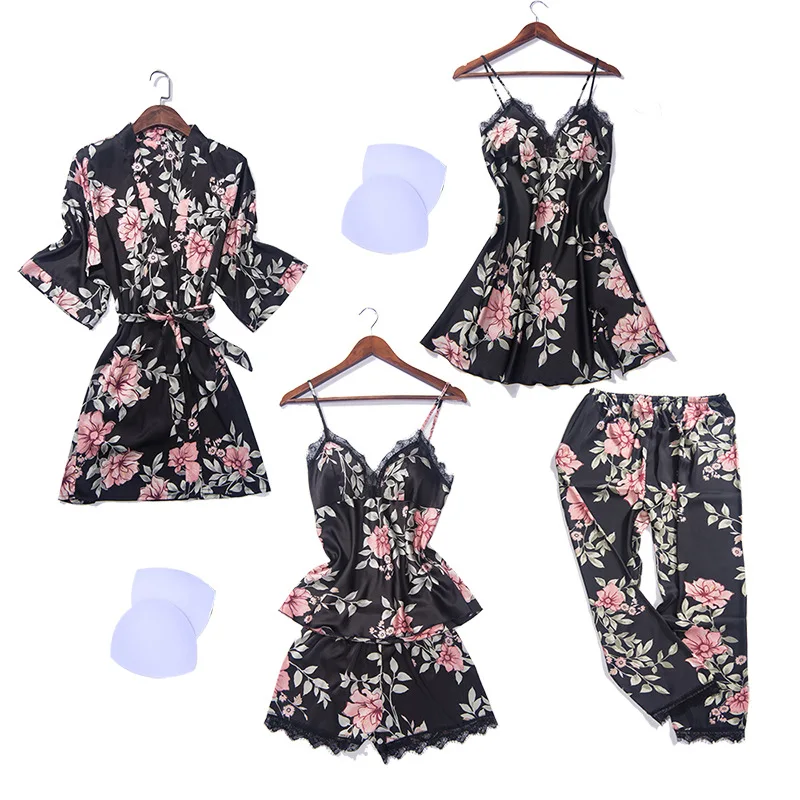 

New 2018 Summer Women Silk Bride Robe Tops Shorts Pajamas Sexy Long Sleeve Wedding Robes Set Camisole Lace Nightwear 5 PCS