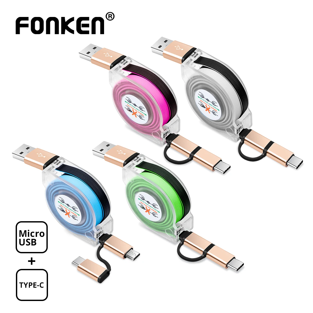FONKEN 2 в 1 USB кабель Micro Type C телефонный Выдвижной Мини провод для быстрой зарядки
