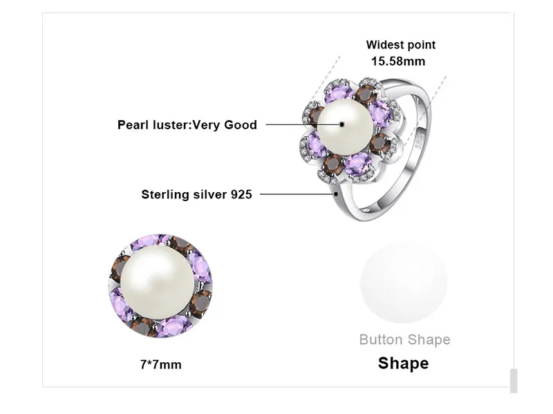 Jewelrypalace 7 мм культивированный жемчуг 1ct подлинная дымчатый кварц аметист кластера Кольца 925 серебро Красивые ювелирные изделия для Для женщин подарок
