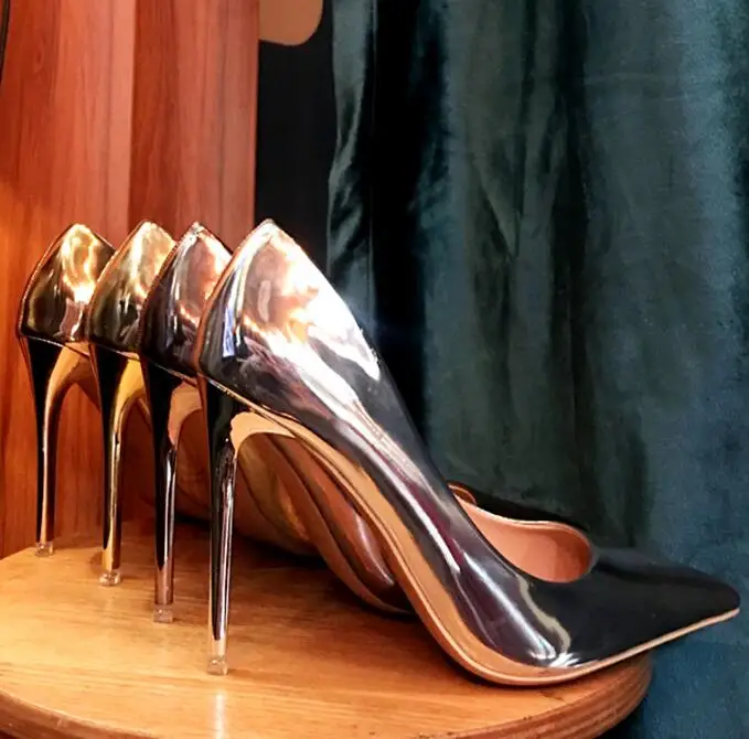 

BONJEAN Champagne Metallic Leather High Heel Shoes Woman Pointed Toe Shallow Stiletto Pumps Super High Party Dress Shoes