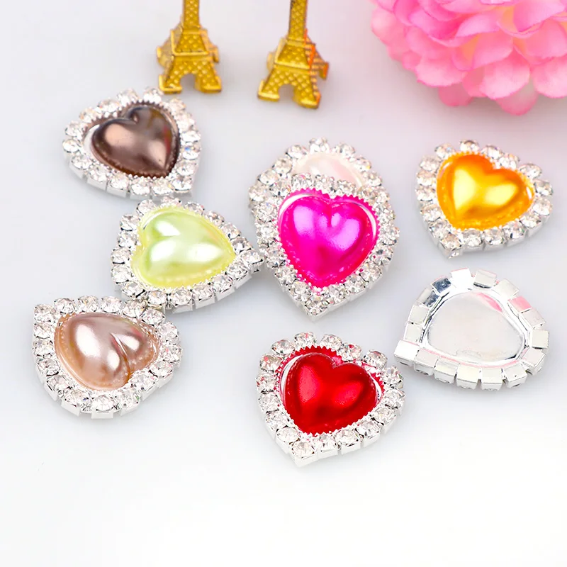 10 Pcs 21x23mm Inner 15mm Heart Pearl Button with Brass Silver Metal Tray Rhinestone Cabochon Cameo Setting DIY Jewelry Charms | Украшения