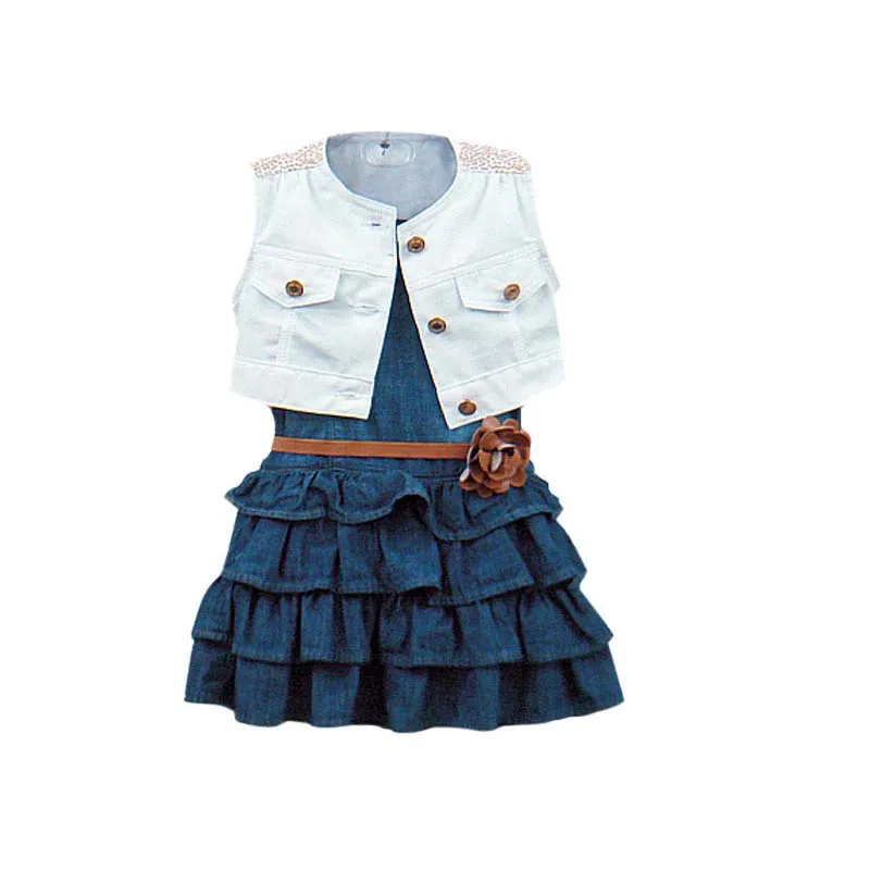2pcs Baby girl Dress Jacket Suits belt kids Summer Denim vest dress Children Girls clothes Jeans 2-7 Y |