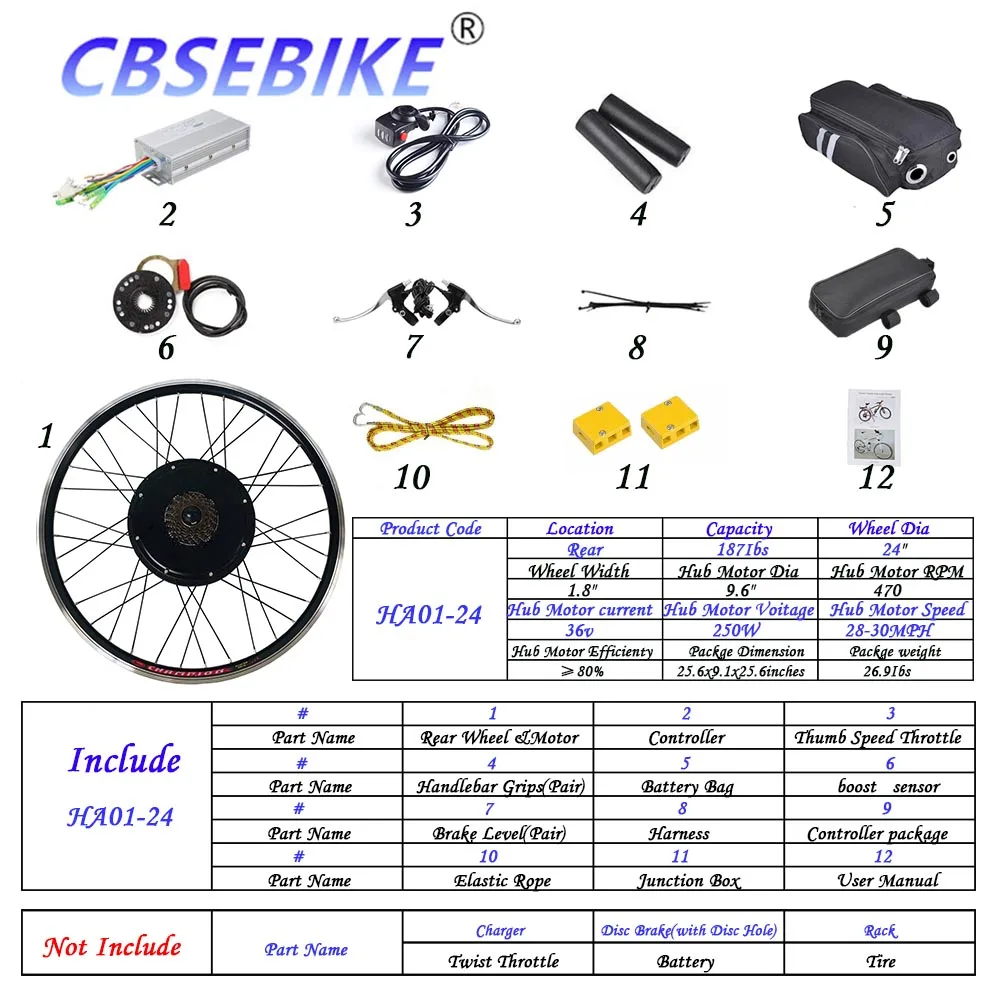 CBSEBIKE комплект для переоборудования электрического велосипеда 24 дюйма eBike для заднего колеса велосипеда мотор HC01-24 - Цвет: 24inch 36V250W  HA01