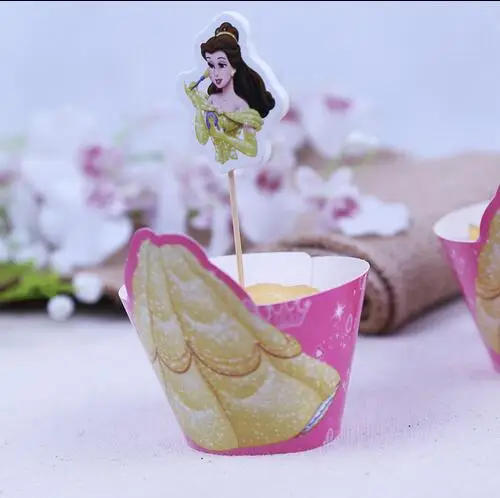 40 шт Дисней Принцесса Белль кекс обертка и Топпер Для детей день рождения