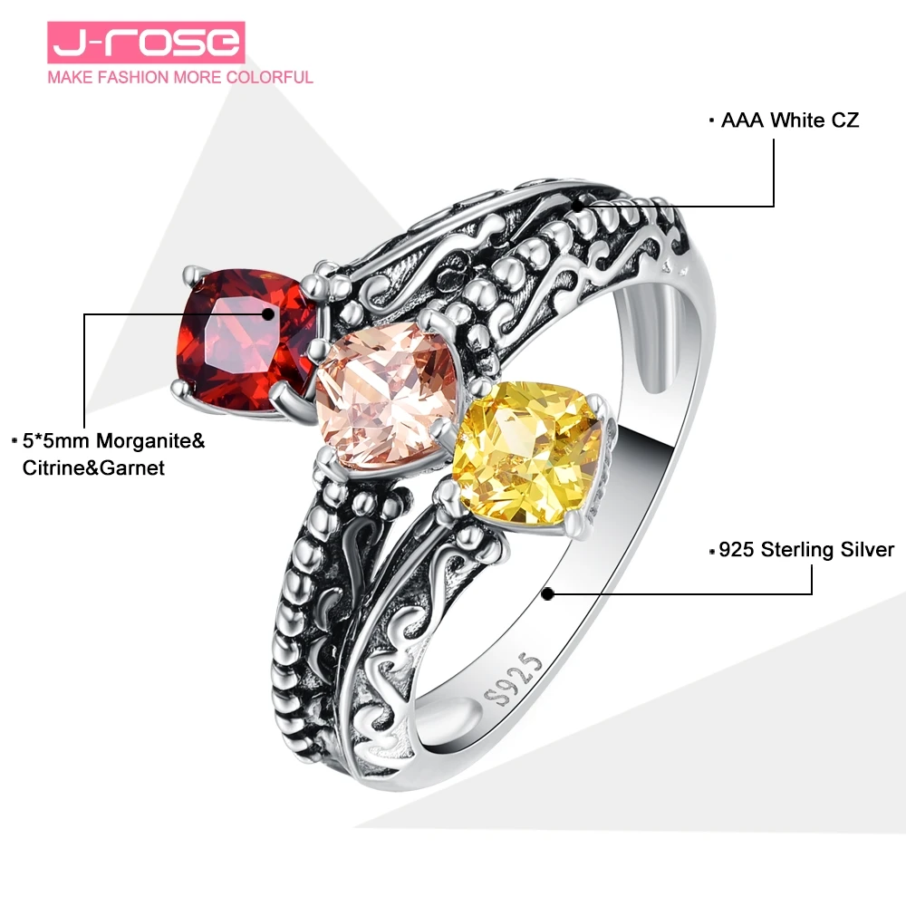 Женское вечернее кольцо Jrose 5*5 мм из 3 камней Morganite &amp Гранат 100% Серебро 925 пробы
