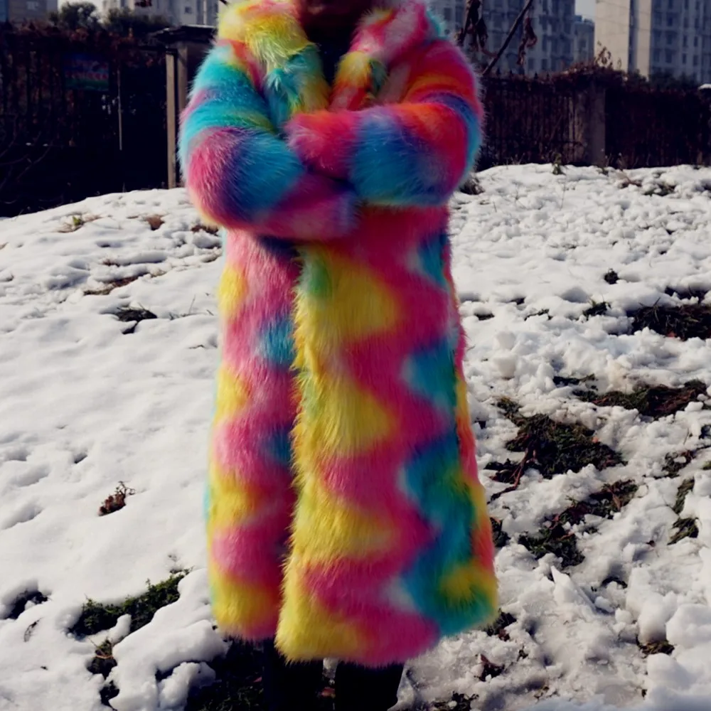 

autumn winter hooded long rainbow furry faux fur coat overcoat for women fashion disco hoodies coats outerwear eco friendly furs