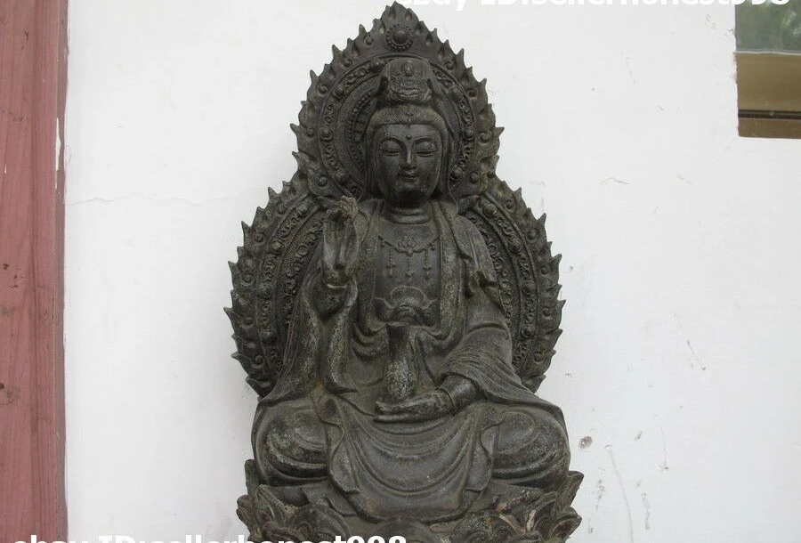 16 Тибетский Старый бронзовый медный буддистский Лотос трон Кван-Инь статуя