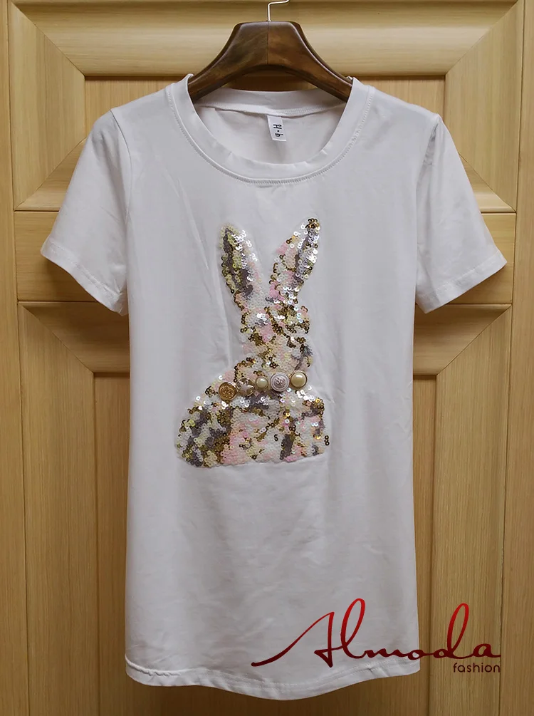 Женская футболка с блестками Almoda повседневная хлопковая черного и белого цвета