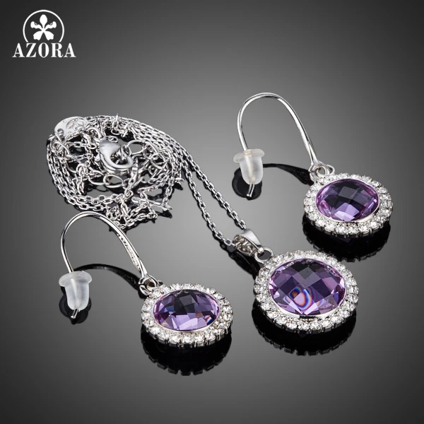 AZORA Elegant Purple Round Stellux Austrian Crystal Drop Earrings and Pendant Necklace Jewelry Set TG0185 | Украшения и