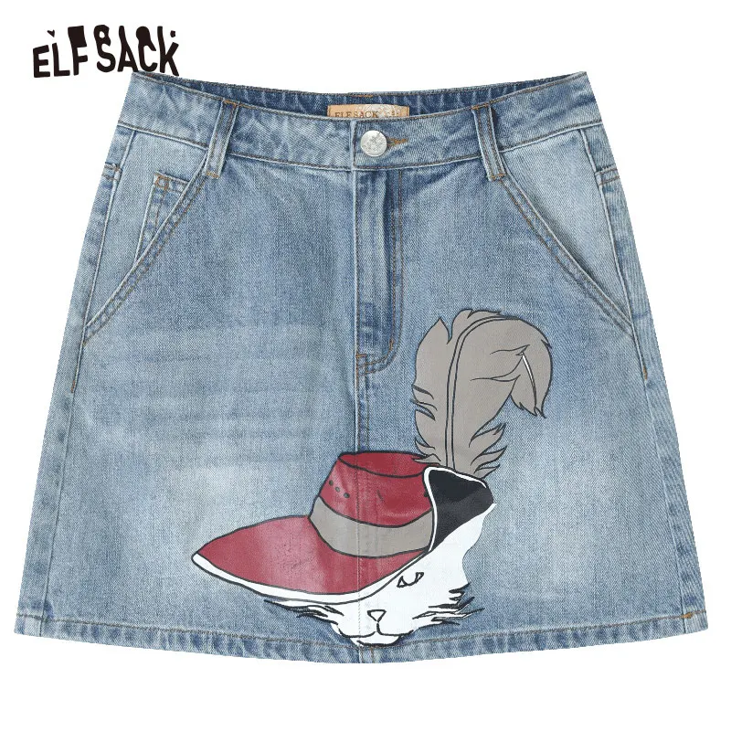 ELFSACK Повседневная Женская Модная Джинсовая юбка из хлопка с животным принтом, женские юбки трапециевидной формы, летняя Новинка, уличная Женская Ковбойская юбка