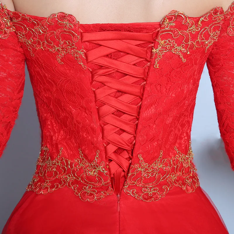 

Red Prom Dresses Half Sleeves Contrast Color with Gold Lace Embroidery Tulle Boat Neck Corset Back Long Prom Gown