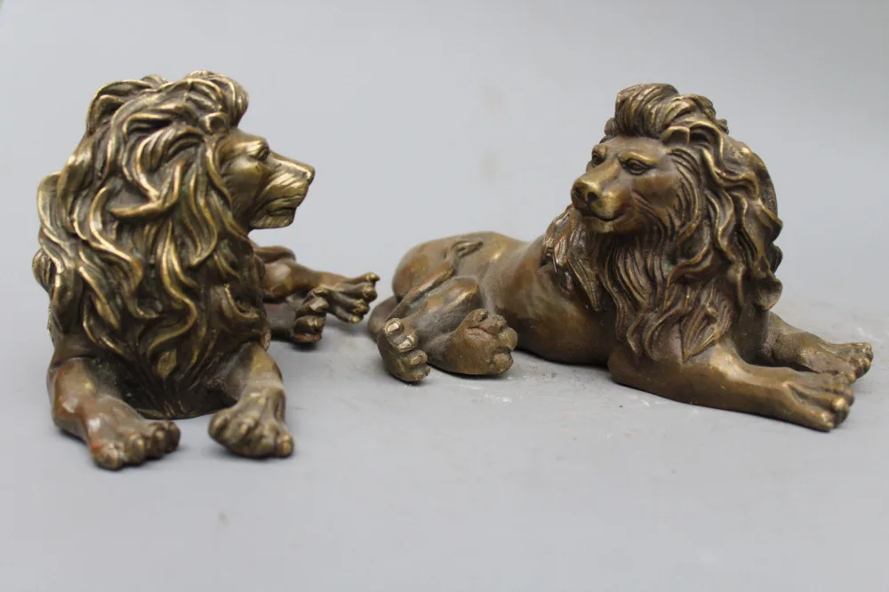 Китайское народное искусство Коллекция Латунь охранник Лев Пара статуэток