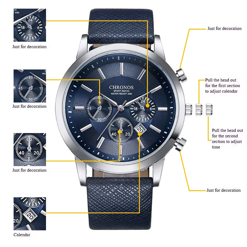 Мужские наручные кварцевые часы CHRONOS, ультра тонкие водонепроницаемые кварцевые часы, reloj de los hombres reloj hombre