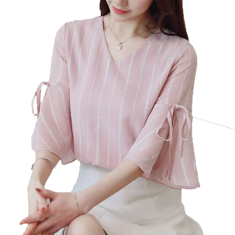 

2018 new short sleeved blouses striped bow v-neck women clothing flare sleeved blouses shirts casual chiffon women tops 0293 40