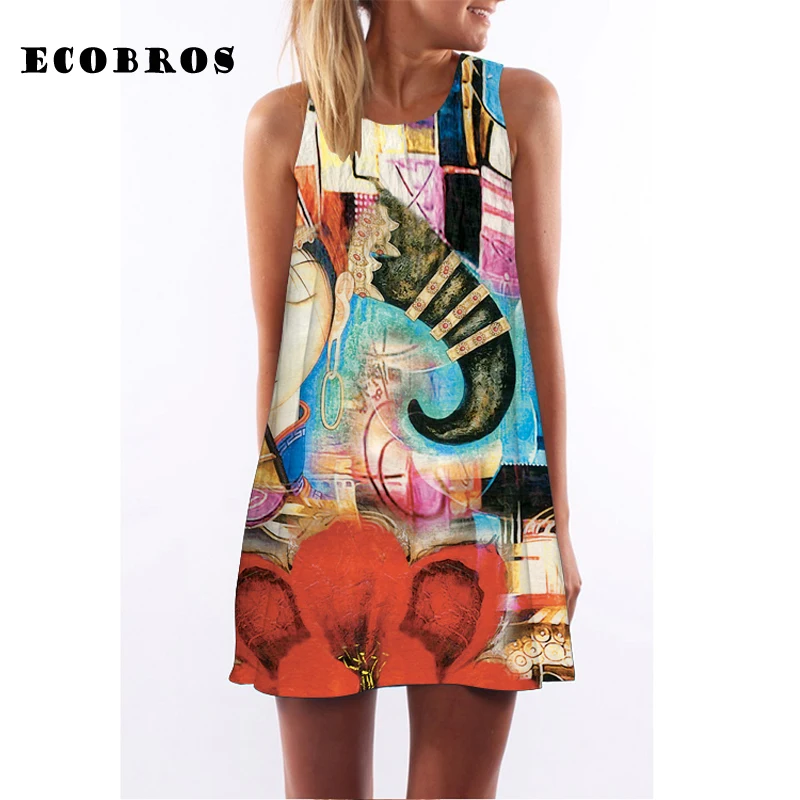 Женское платье без рукавов ECOBROS повседневное свободное выше колена с принтом
