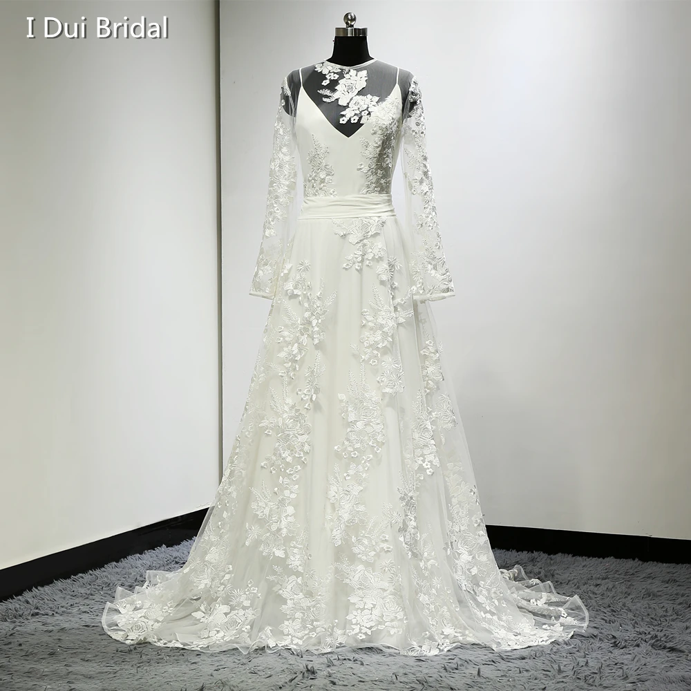 Женское свадебное платье в стиле бохо винтажное с длинными рукавами и кружевной