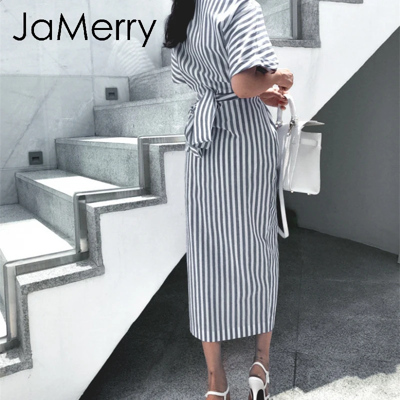JaMerry винтажное размера плюс хлопковое в полоску женское платье летнее Бандажное