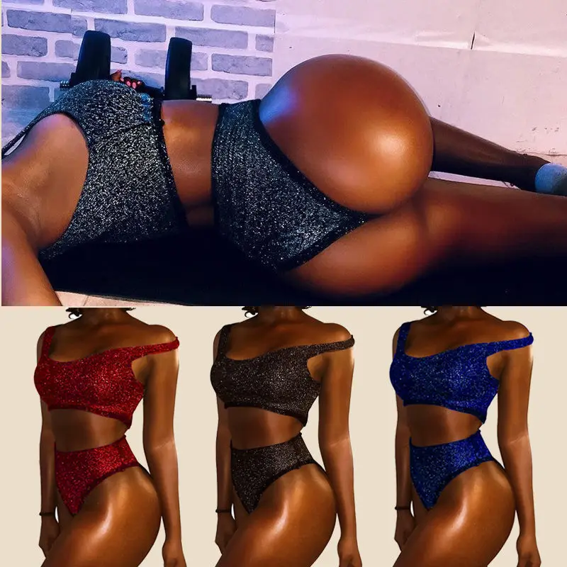 Сексуальный женский бандажный Топ с блестками комплект бикини чашками пуш ап