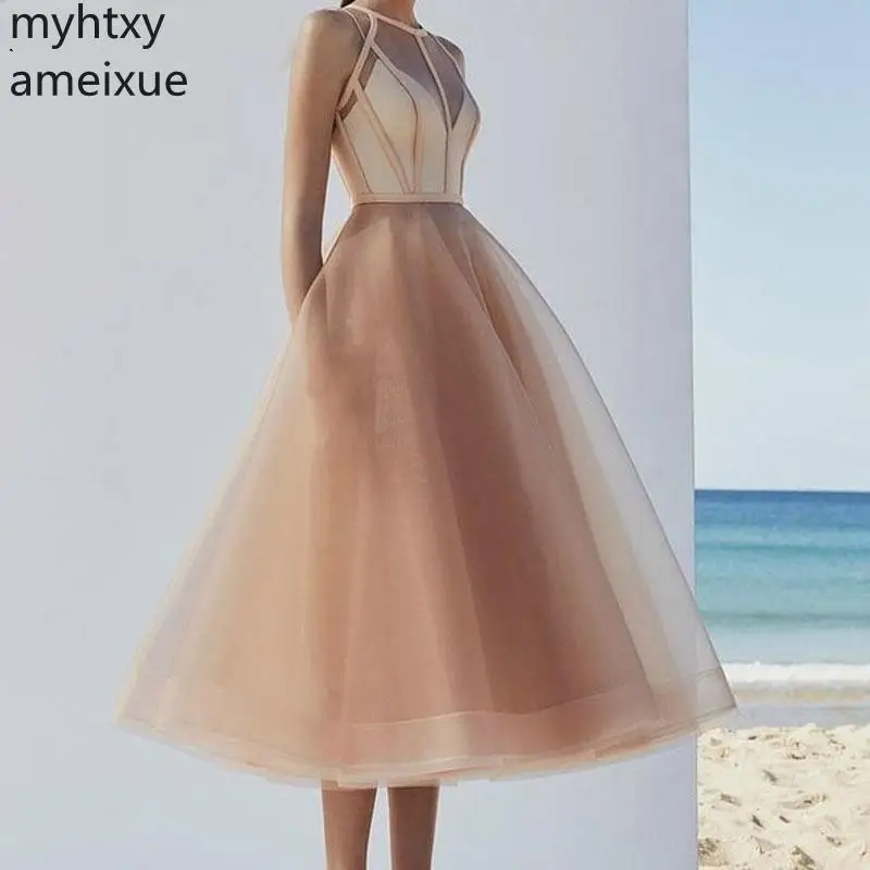 

New Dress Halter Champagne Short Prom Sexy Gauze Dresses 2020 High Quality Tea Length A Line Organza Girls Cheap Plus Size