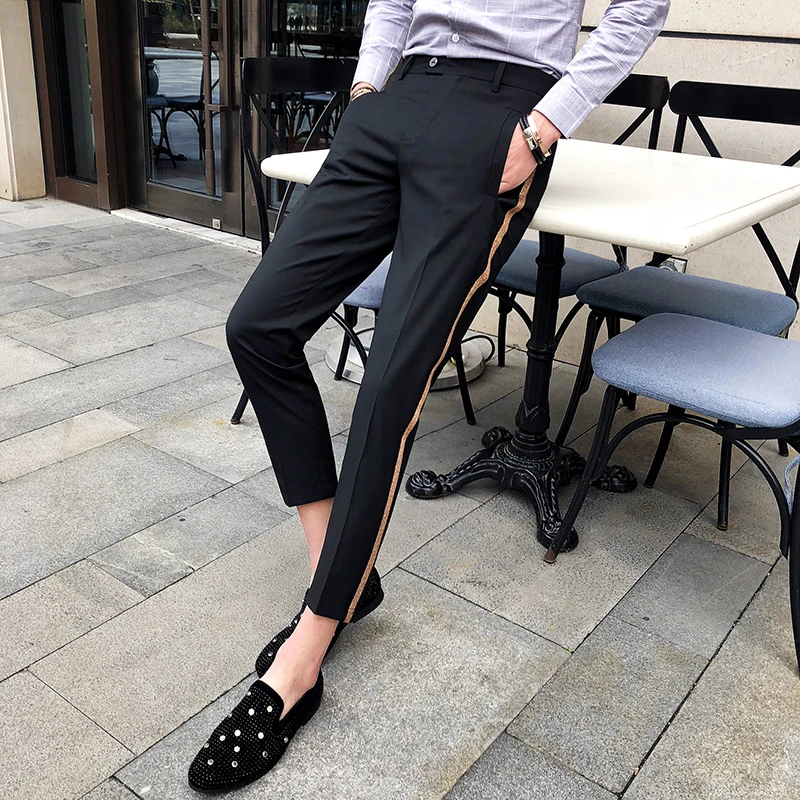 Black Suit Pants Боковые ленты костюм брюки мужские s платье брюки деловые повседневные офисные брюки мужские, длиной до щиколотки Pantalon Homme зауженные официальные брюки - Цвет: Black Suit Pants