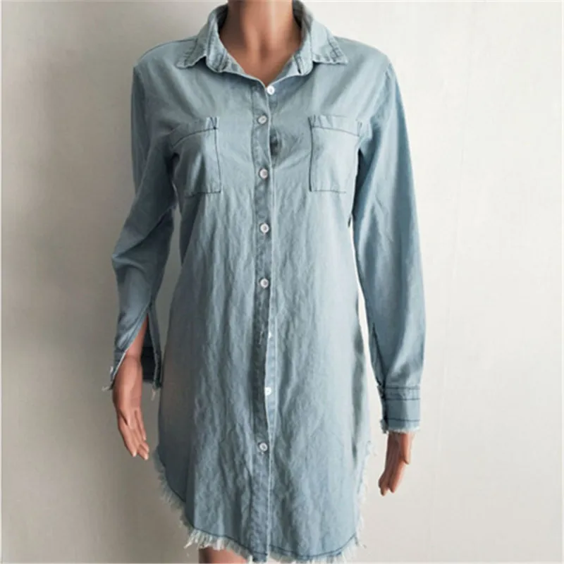 Женская джинсовая рубашка с длинным рукавом Однотонная отложным воротником