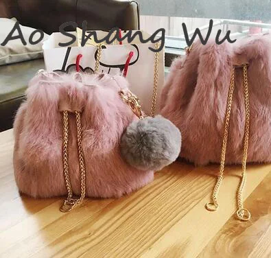Новый 2017 бархат мешок цепи плечо шерсти помпой небольшой ведро|bucket bag|wool bagvelvet bag |