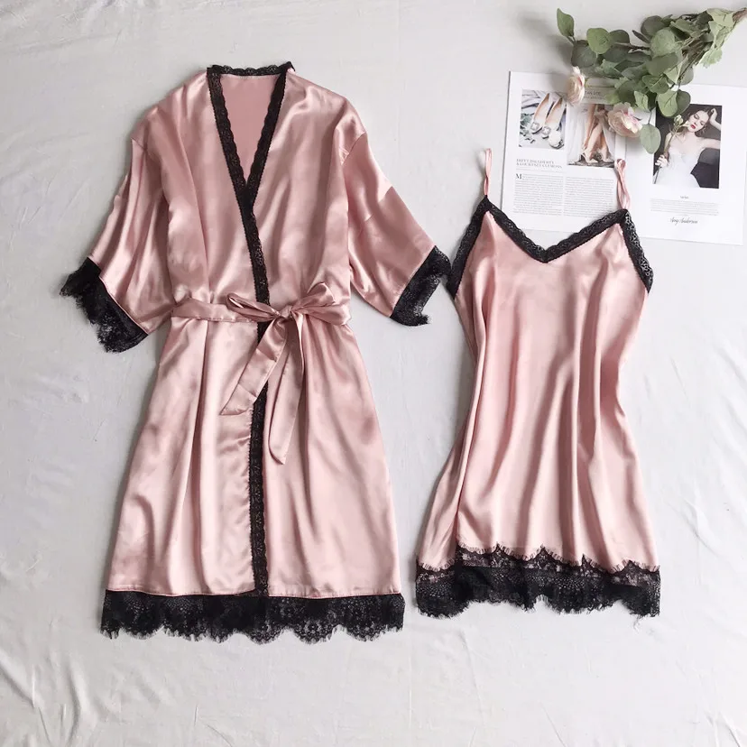 MECHCITIZ Silk Women Robe Gown Sets 2019 Summer New Sexy Lace Lingerie Nightdress Bathrobe Sleepwear Nighty Lounge Set Home Suit |