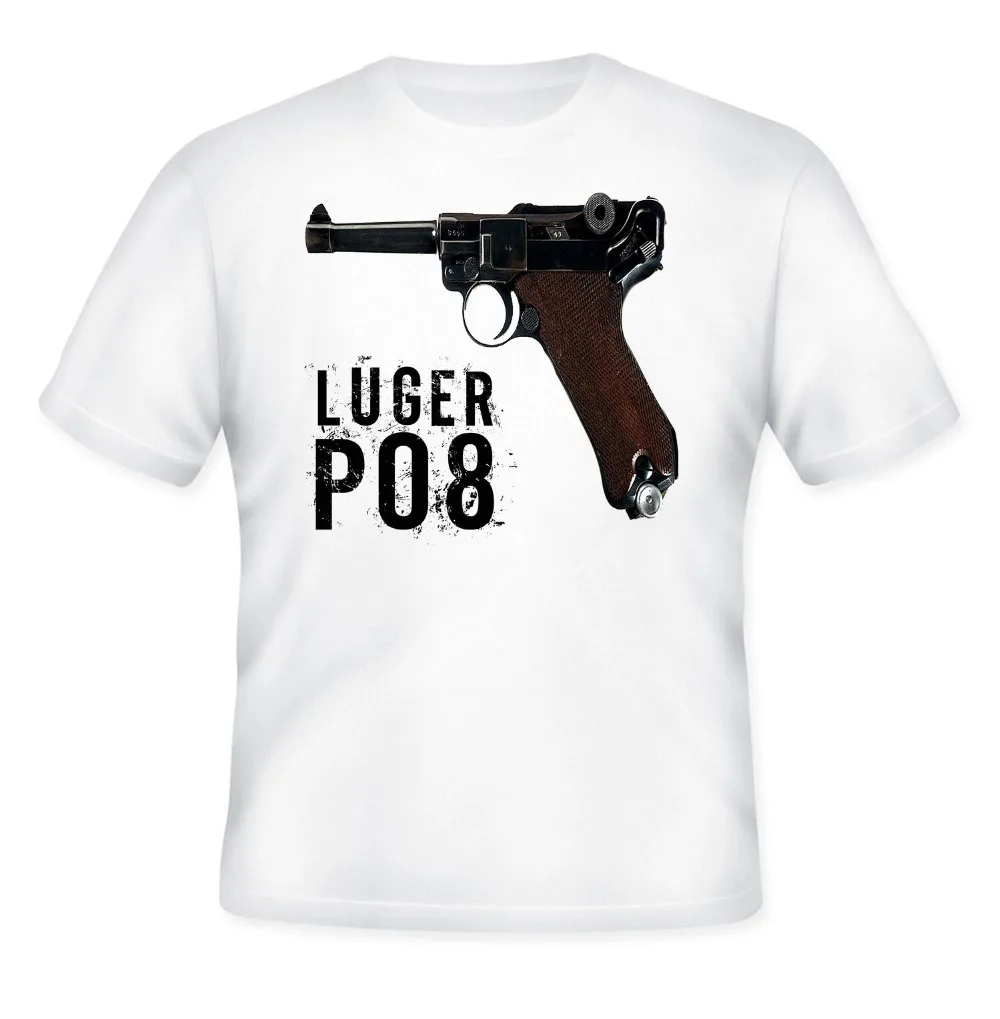 Мужская хлопковая футболка Luger P08 белая взрослая с круглым вырезом и принтом