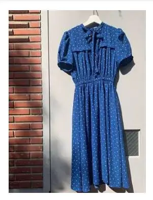 Blue Трапециевидные летние женские платья с коротким рукавом и тонкой талией в Корейском стиле, консервативный стиль, одежда с бантом, платье-рубашка в горошек, длинное 5196 - Цвет: Blue
