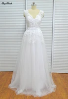 real photo a line v neck cap sleeves floor length beaded tulle sweep train elegant wedding dresses bride bridal gown