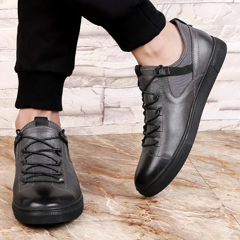Мужские кроссовки из натуральной кожи черные или серые повседневные туфли на