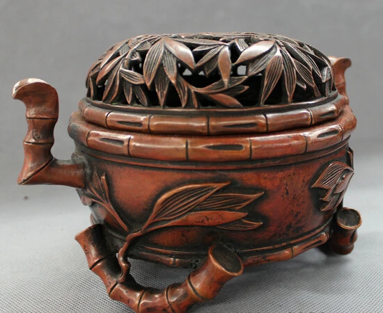 wholesale factory 9&quot Chinese Red Bronze Buddhist Bamboo Pole Leaf Statue Box Incense Burner Censer | Дом и сад