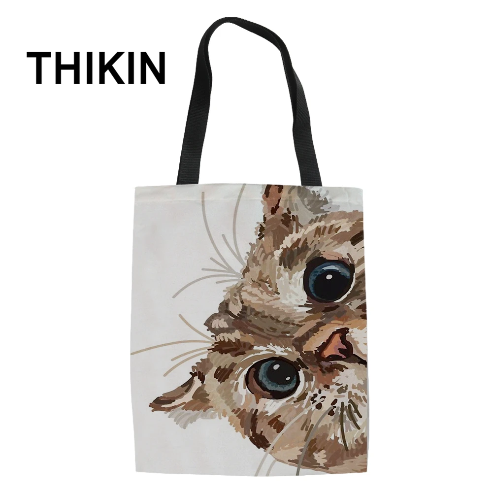 As Picture THIKIN Tote Женская Повседневная сумка с милым мультяшным цветком котом большая Холщовая Сумка на плечо Студенческая посылка для хранения книг складная сумка для покупок - Цвет: As Picture