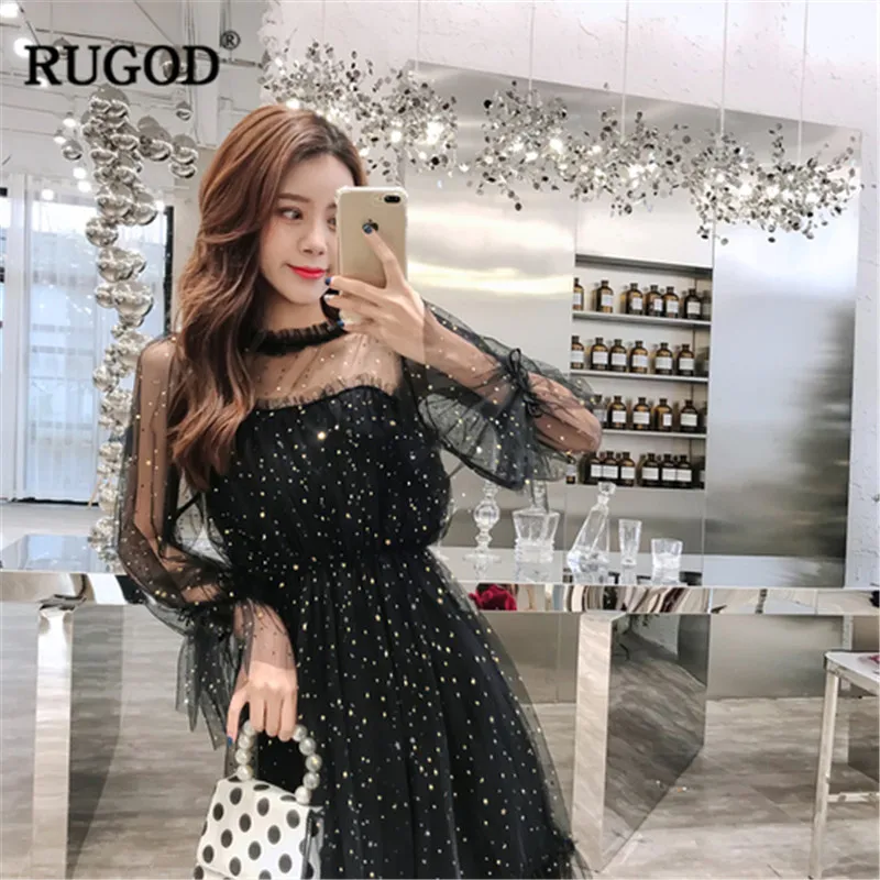 Женское платье с расклешенными рукавами RUGOD кружевное Сетчатое до колена