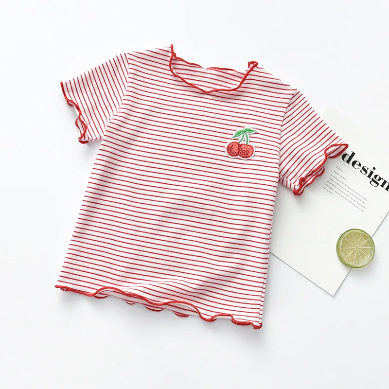 

New Toddler Girls Clothes Kids Ruffles Short Sleeve Cherry T-shirt for Baby Girl Summer Brand Cotton Striped Base Shirt Clothing