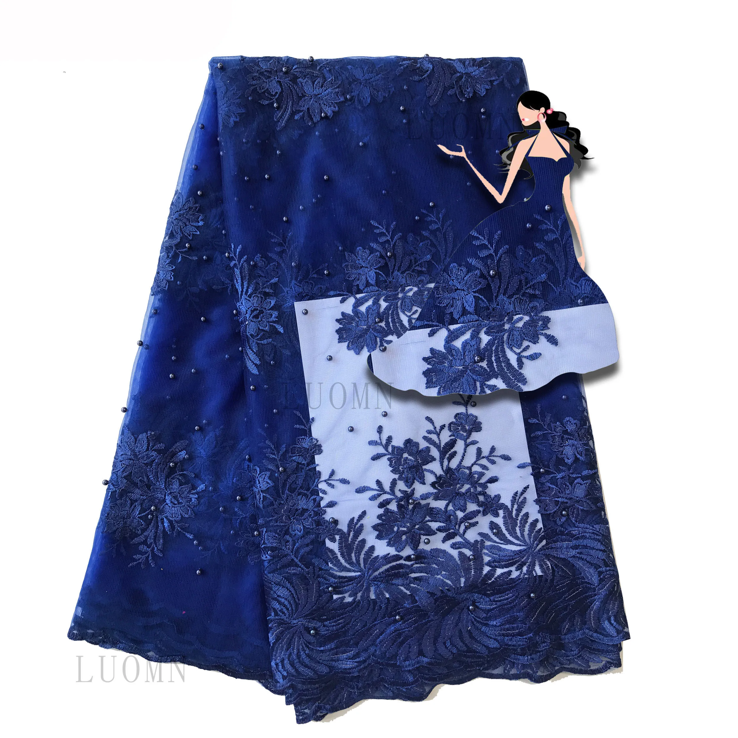 

Latest Blue African Laces Fabrics Embroidered African French Lace Fabric Cheap African French Net tulle Lace Fabric LUOMN
