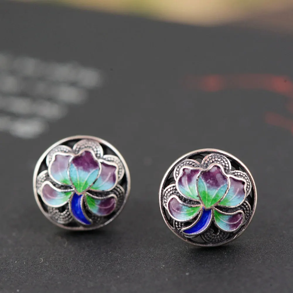 Женские серебряные серьги в виде лотоса FNJ оригинальные круглые серьги-гвоздики