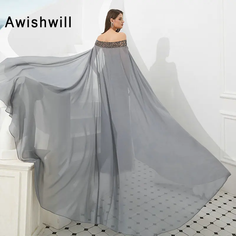 Luxury Long Prom Dress 2020 Fully Beads Grey Mermaid Formal Evening Dress With Detachable Cape Dubai Style Vestido De Festa