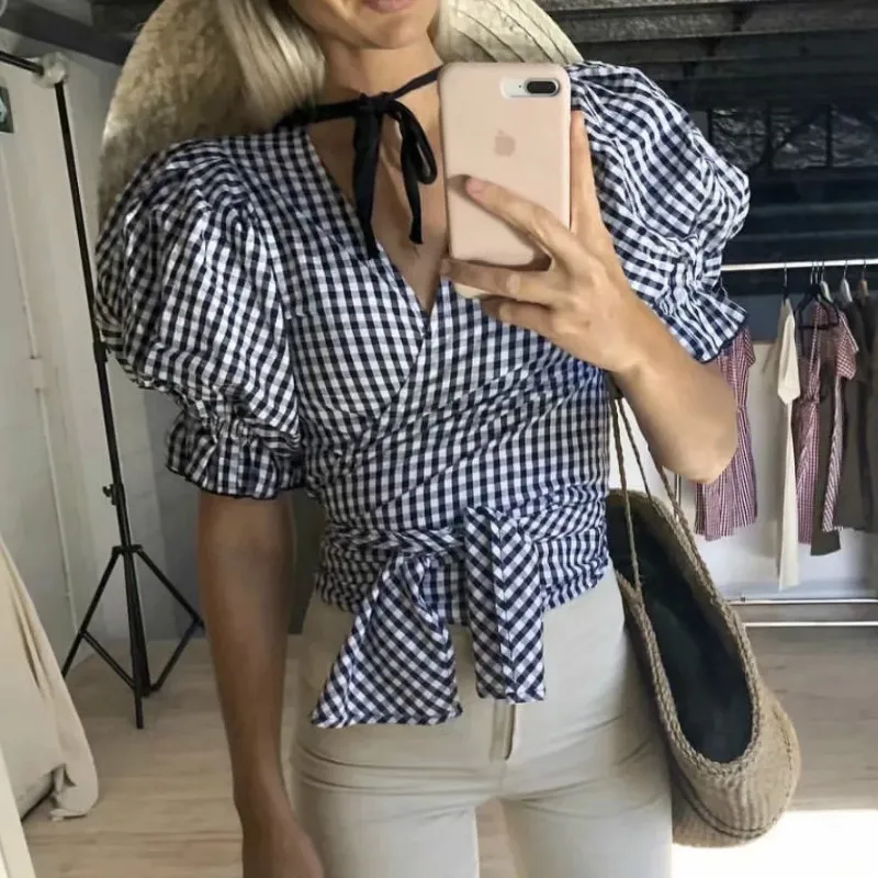 Винтажные женские блузки с v-образным вырезом на шнуровке короткие Блузы пышными