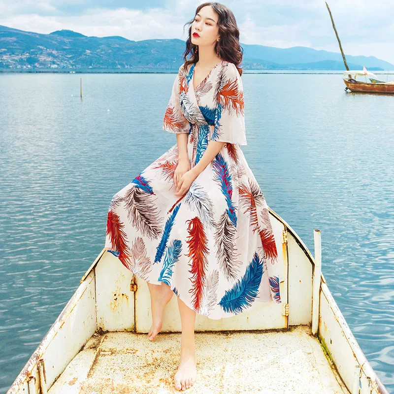 Шифоновое платье-макси с оборками V-образным вырезом и цветочным принтом |