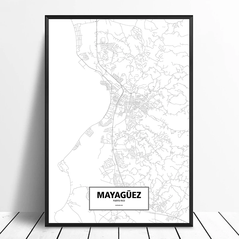 Mayaguez Пуэрто Рико черный белый цвет на заказ карта городов мира плакат холст